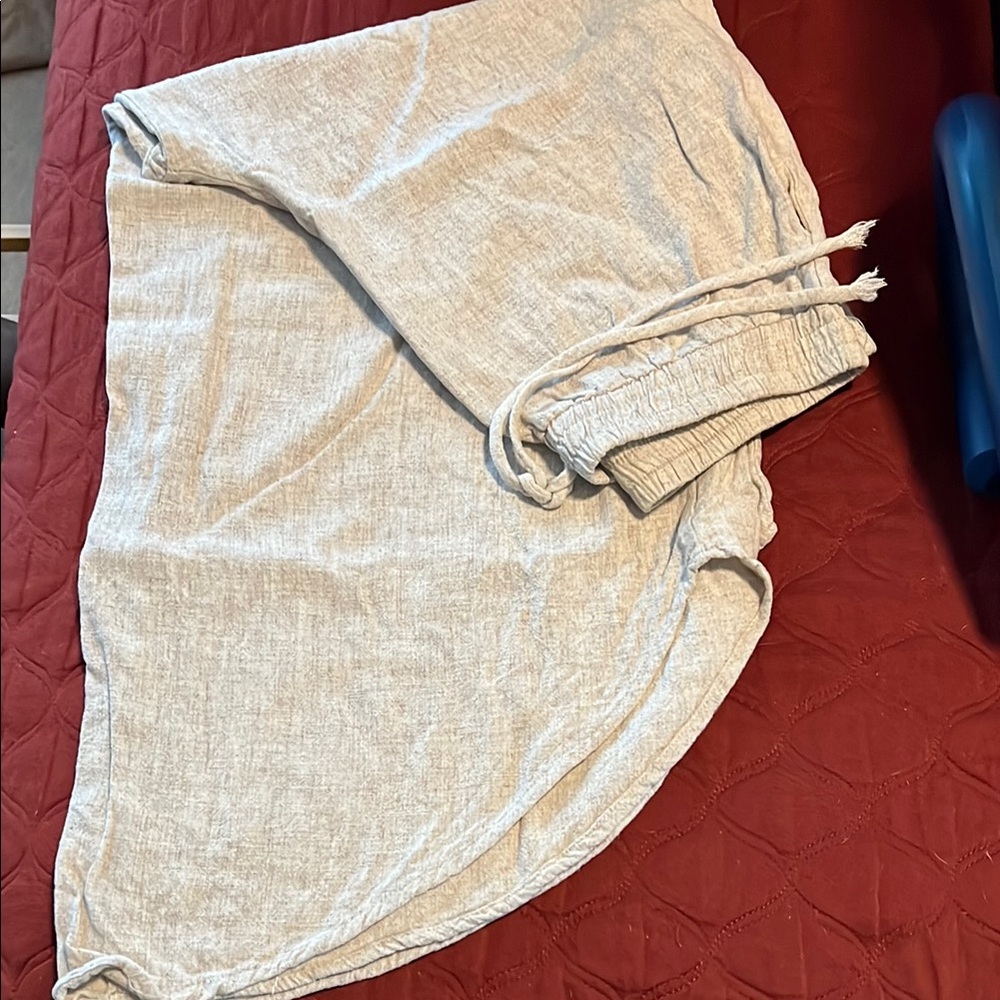 Ladies Tan Linen Cropped Drawstring Pants